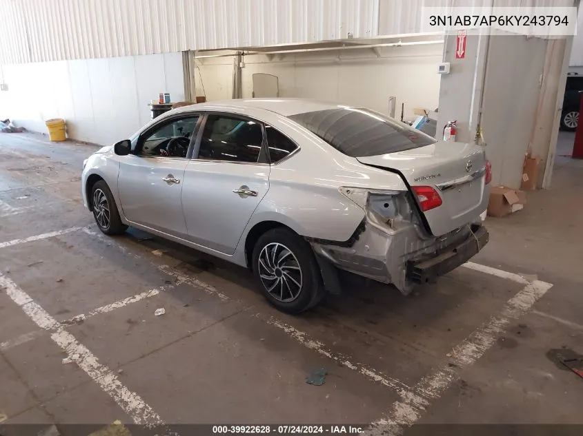 2019 Nissan Sentra S VIN: 3N1AB7AP6KY243794 Lot: 39922628