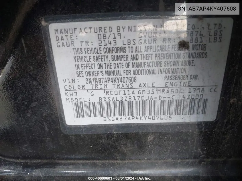 3N1AB7AP4KY407608 2019 Nissan Sentra Sv