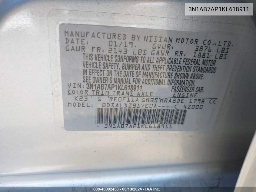 3N1AB7AP1KL618911 2019 Nissan Sentra Sv