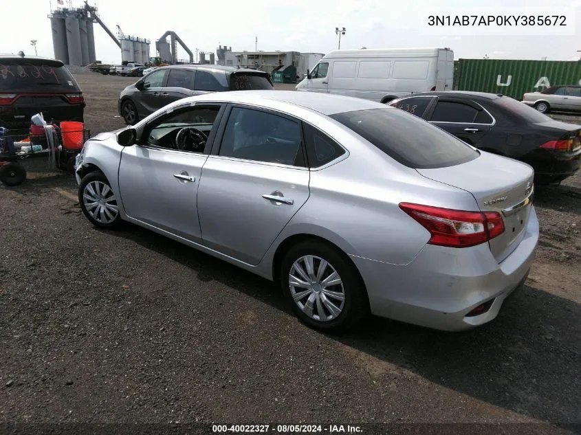 2019 Nissan Sentra S VIN: 3N1AB7AP0KY385672 Lot: 40022327