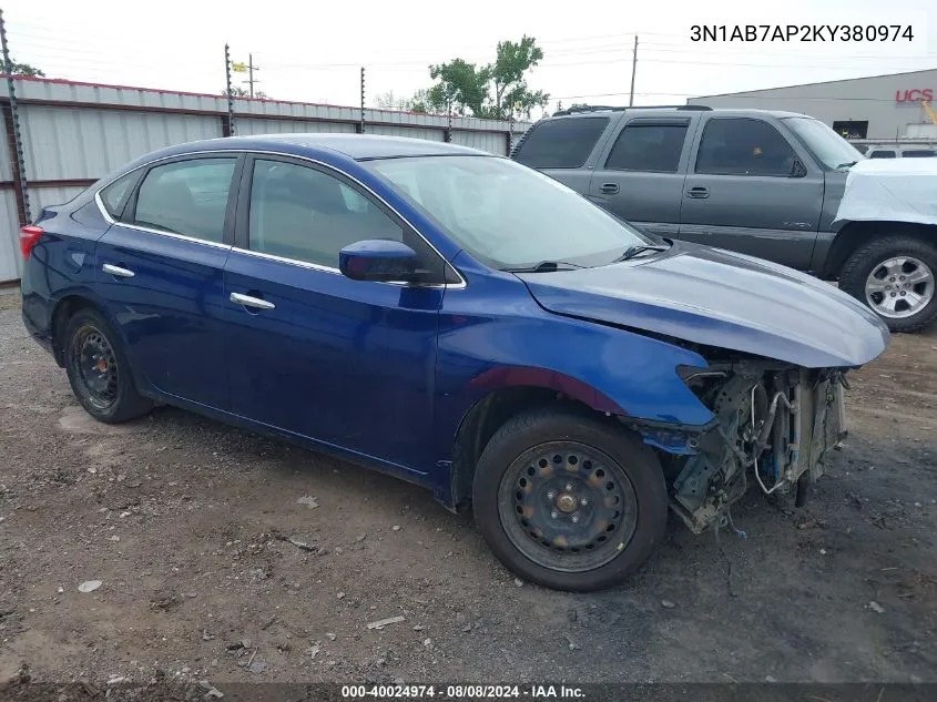 2019 Nissan Sentra S VIN: 3N1AB7AP2KY380974 Lot: 40024974