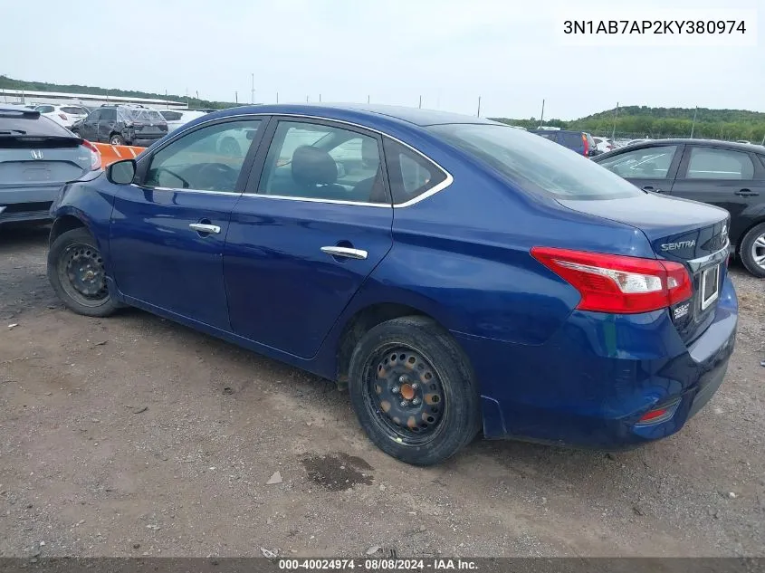 2019 Nissan Sentra S VIN: 3N1AB7AP2KY380974 Lot: 40024974