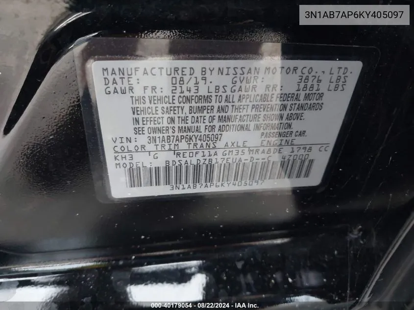 3N1AB7AP6KY405097 2019 Nissan Sentra Sv