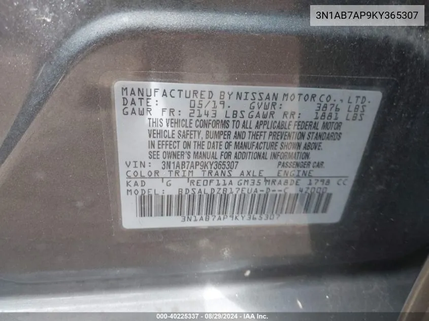 3N1AB7AP9KY365307 2019 Nissan Sentra Sv