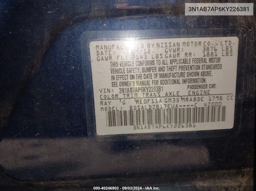 3N1AB7AP6KY226381 2019 Nissan Sentra Sv