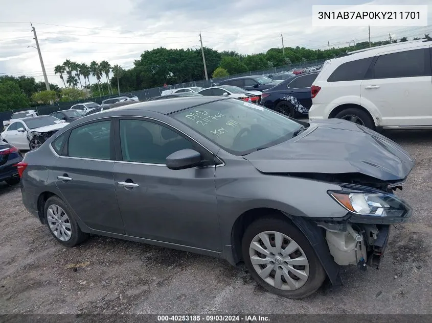 2019 Nissan Sentra S VIN: 3N1AB7AP0KY211701 Lot: 40253185