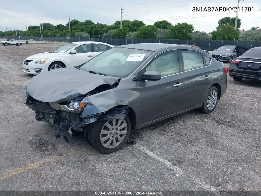 2019 Nissan Sentra S VIN: 3N1AB7AP0KY211701 Lot: 40253185