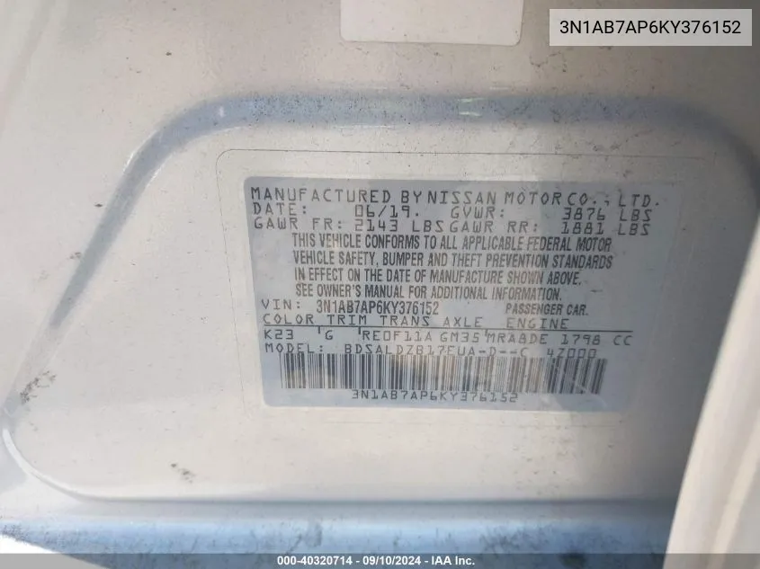 3N1AB7AP6KY376152 2019 Nissan Sentra Sv