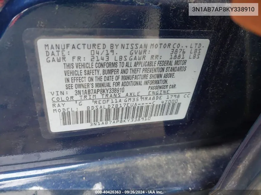 3N1AB7AP8KY338910 2019 Nissan Sentra Sv