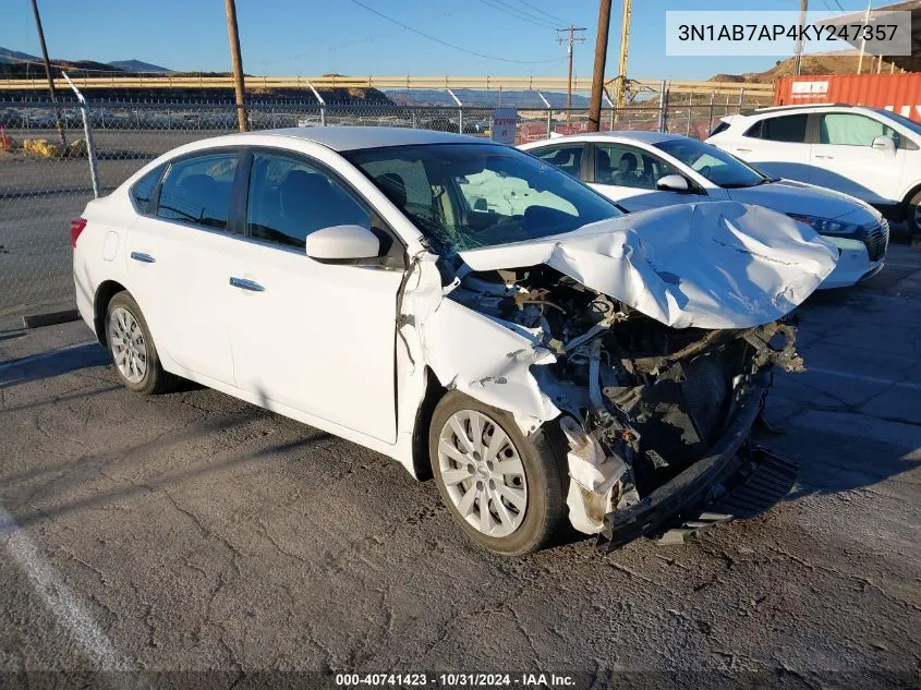 2019 Nissan Sentra S VIN: 3N1AB7AP4KY247357 Lot: 40741423