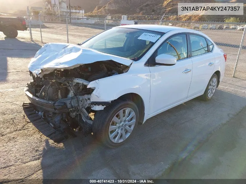 2019 Nissan Sentra S VIN: 3N1AB7AP4KY247357 Lot: 40741423