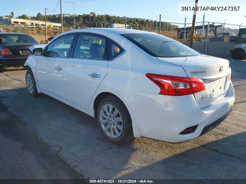 2019 Nissan Sentra S VIN: 3N1AB7AP4KY247357 Lot: 40741423