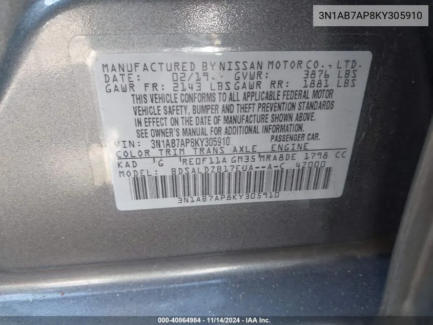 3N1AB7AP8KY305910 2019 Nissan Sentra Sv