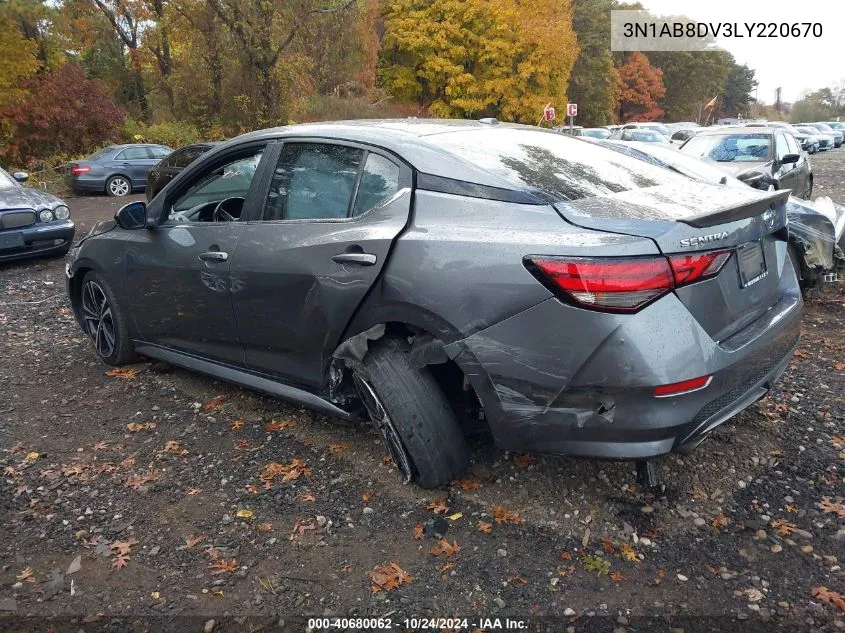 2020 Nissan Sentra Sr VIN: 3N1AB8DV3LY220670 Lot: 40680062