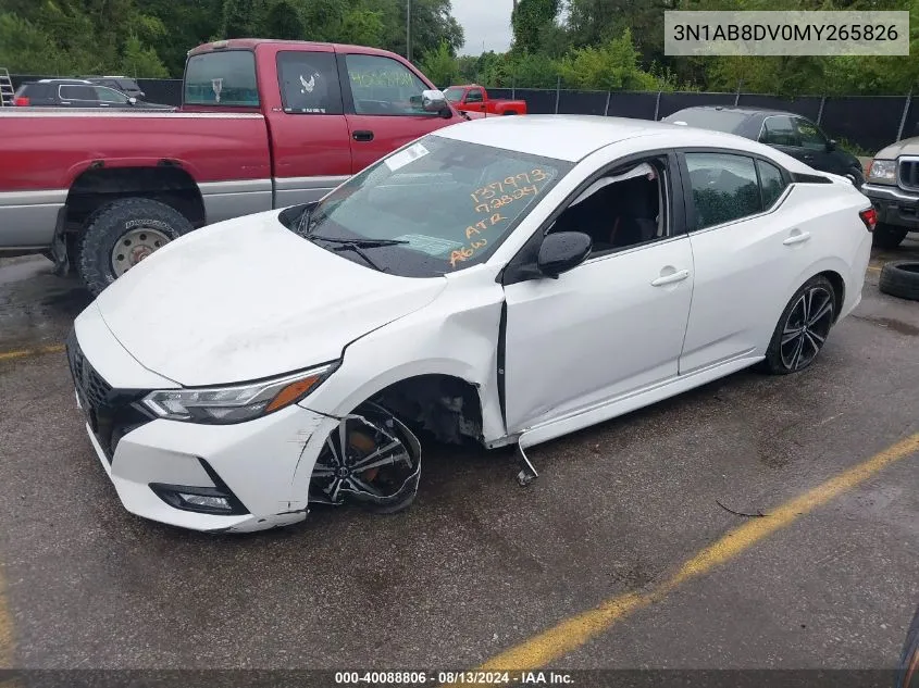 2021 Nissan Sentra Sr Xtronic Cvt VIN: 3N1AB8DV0MY265826 Lot: 40088806