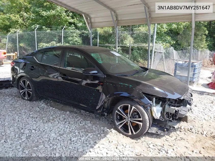 2021 Nissan Sentra Sr Xtronic Cvt VIN: 3N1AB8DV7MY251647 Lot: 40212143