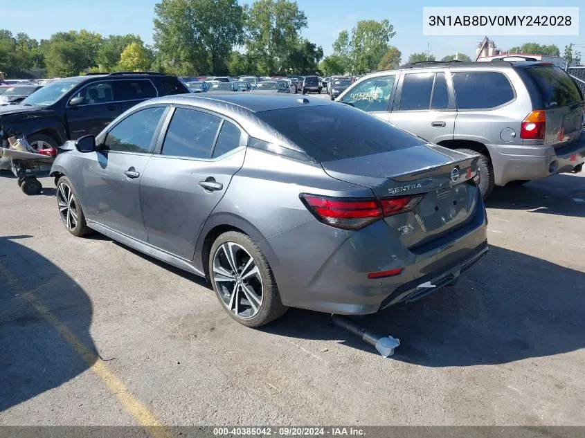 2021 Nissan Sentra Sr Xtronic Cvt VIN: 3N1AB8DV0MY242028 Lot: 40385042