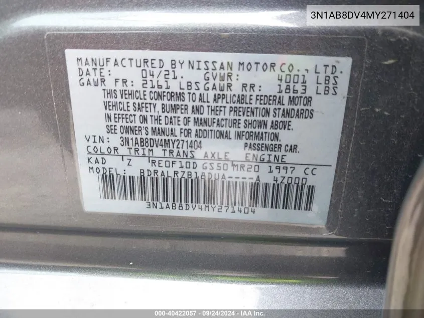 2021 Nissan Sentra Sr Xtronic Cvt VIN: 3N1AB8DV4MY271404 Lot: 40422057