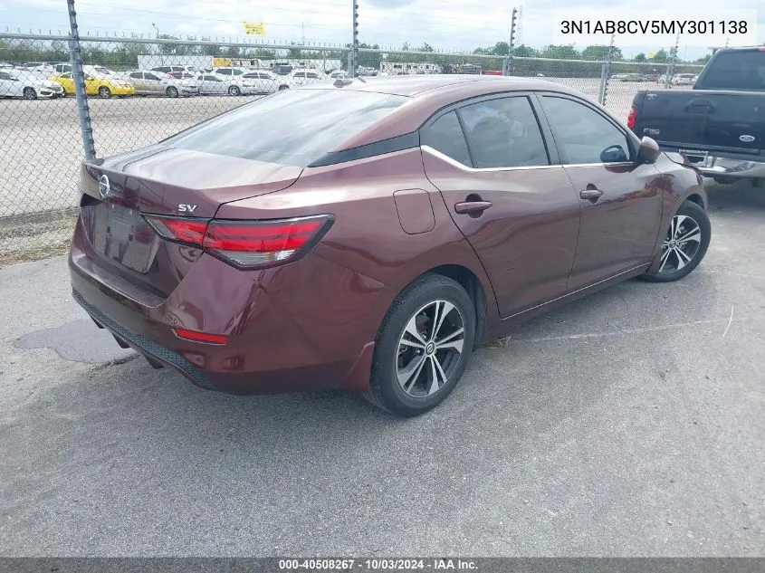 2021 Nissan Sentra Sv Xtronic Cvt VIN: 3N1AB8CV5MY301138 Lot: 40508267