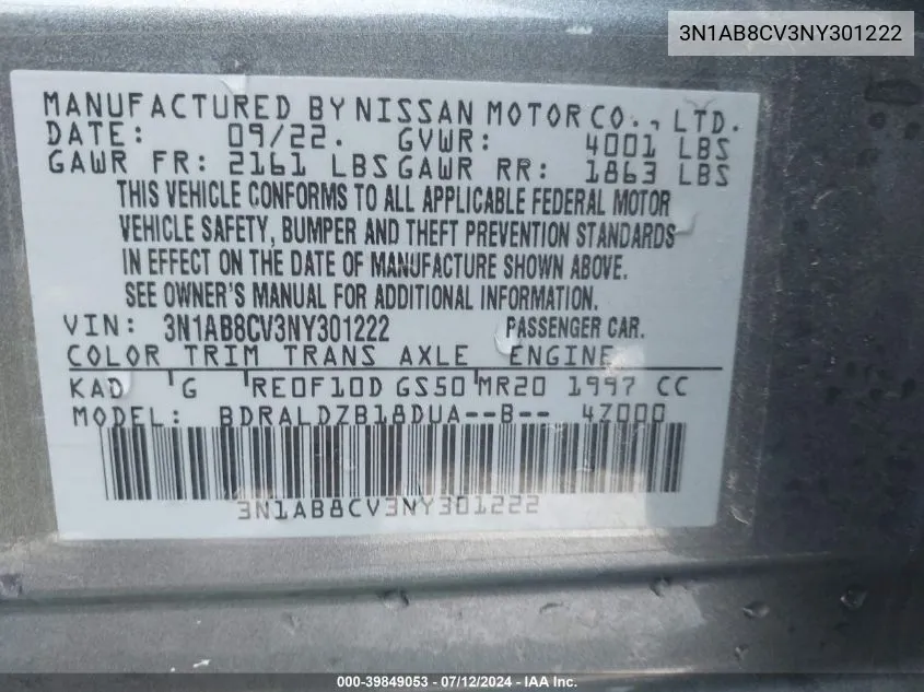 3N1AB8CV3NY301222 2022 Nissan Sentra Sv Xtronic Cvt