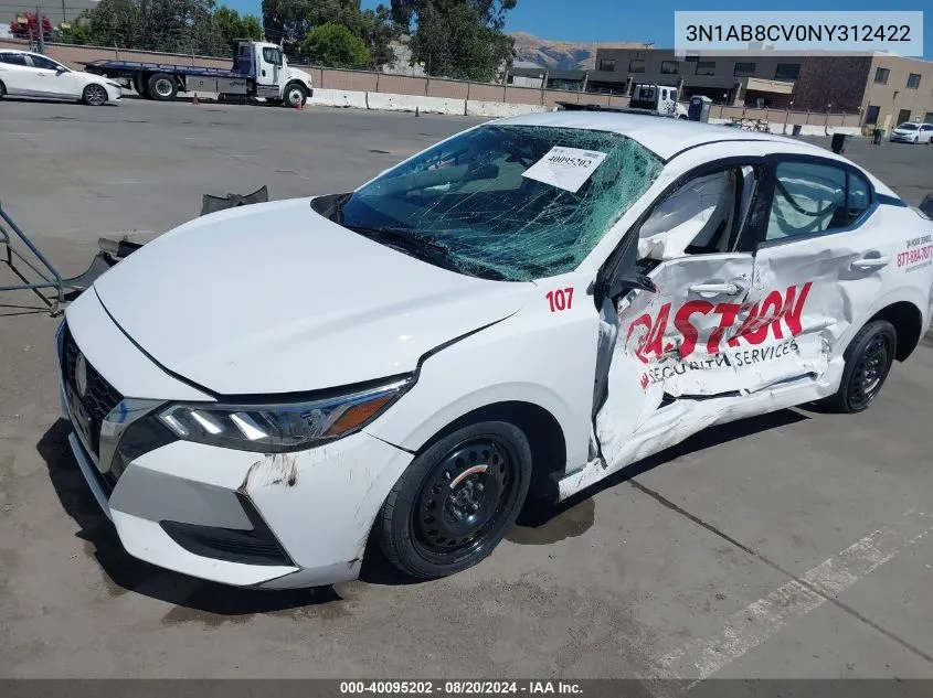 2022 Nissan Sentra Sv Xtronic Cvt VIN: 3N1AB8CV0NY312422 Lot: 40095202