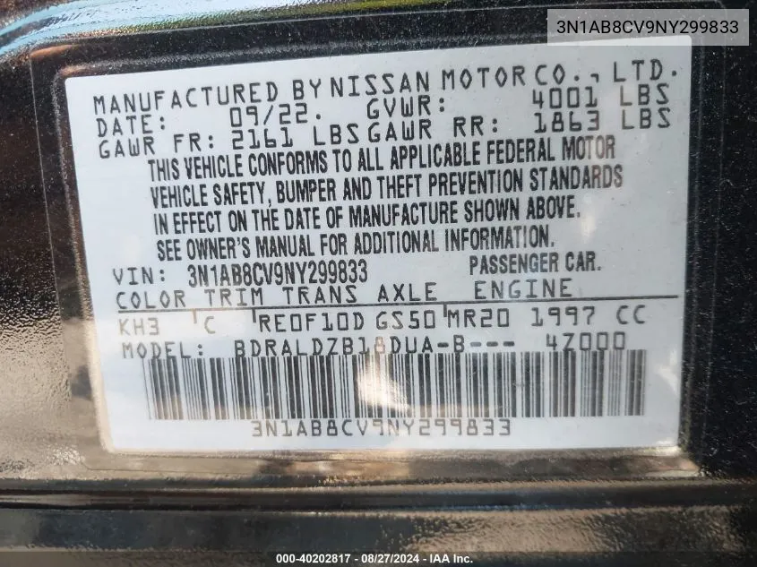 3N1AB8CV9NY299833 2022 Nissan Sentra Sv Xtronic Cvt