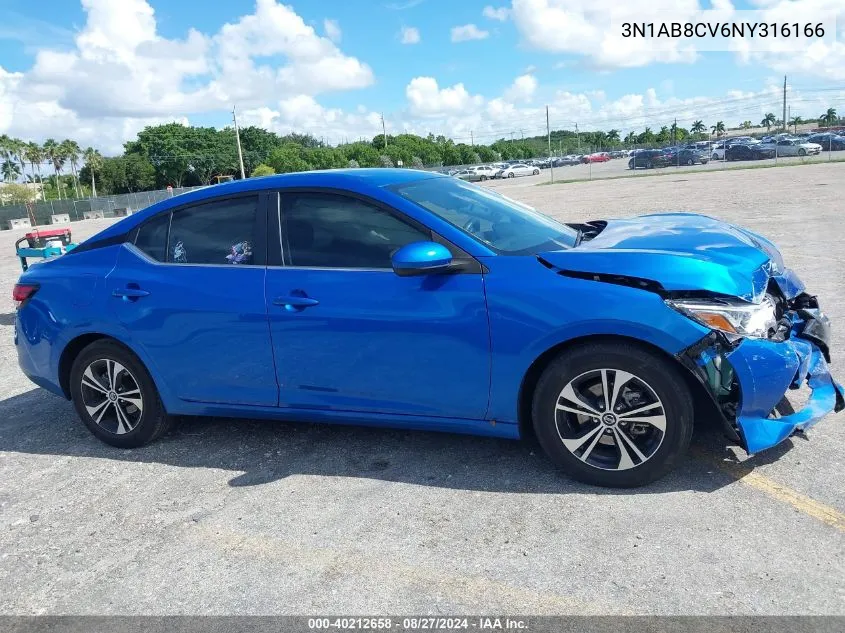 2022 Nissan Sentra Sv Xtronic Cvt VIN: 3N1AB8CV6NY316166 Lot: 40212658