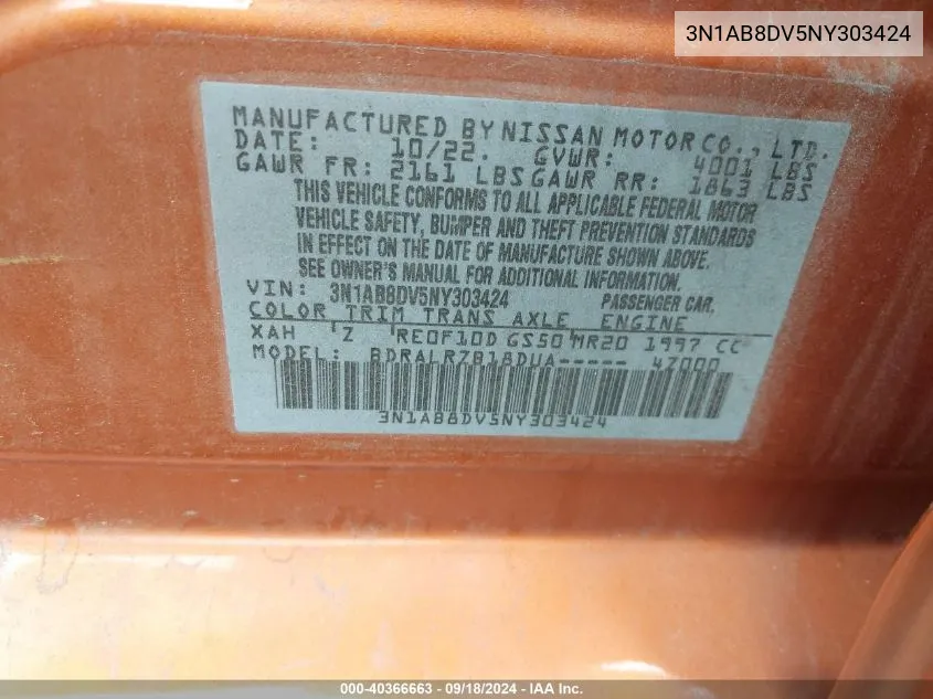 3N1AB8DV5NY303424 2022 Nissan Sentra Sr Xtronic Cvt