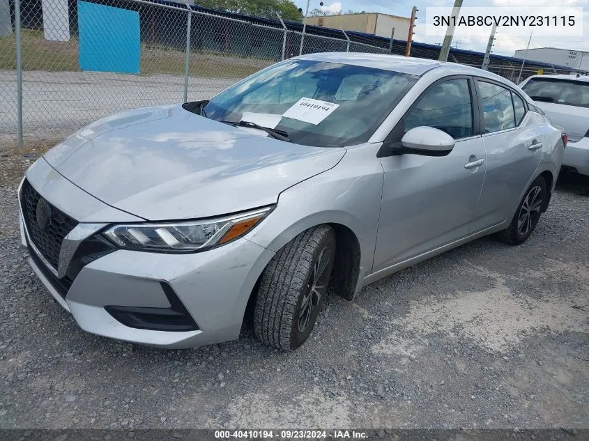 2022 Nissan Sentra Sv Xtronic Cvt VIN: 3N1AB8CV2NY231115 Lot: 40410194