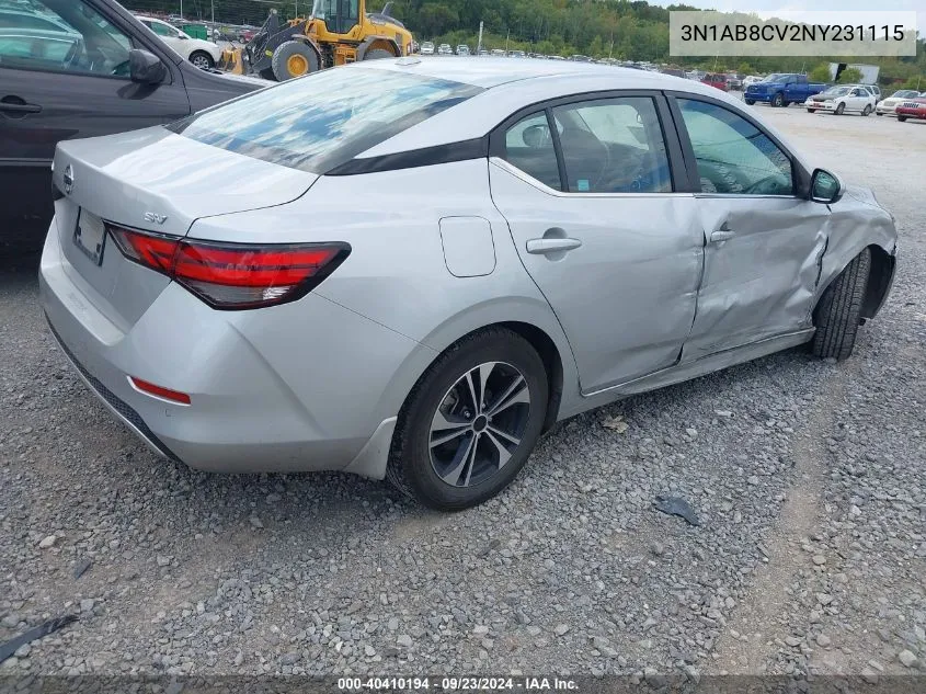 2022 Nissan Sentra Sv Xtronic Cvt VIN: 3N1AB8CV2NY231115 Lot: 40410194