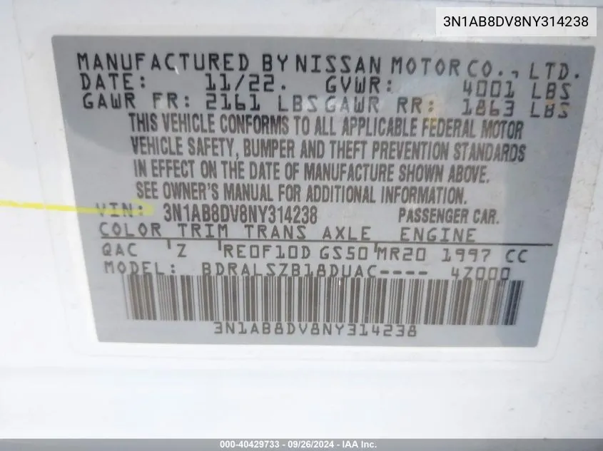 3N1AB8DV8NY314238 2022 Nissan Sentra Sr Xtronic Cvt