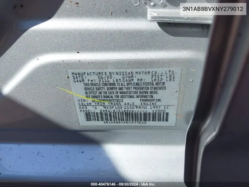 3N1AB8BVXNY279012 2022 Nissan Sentra S