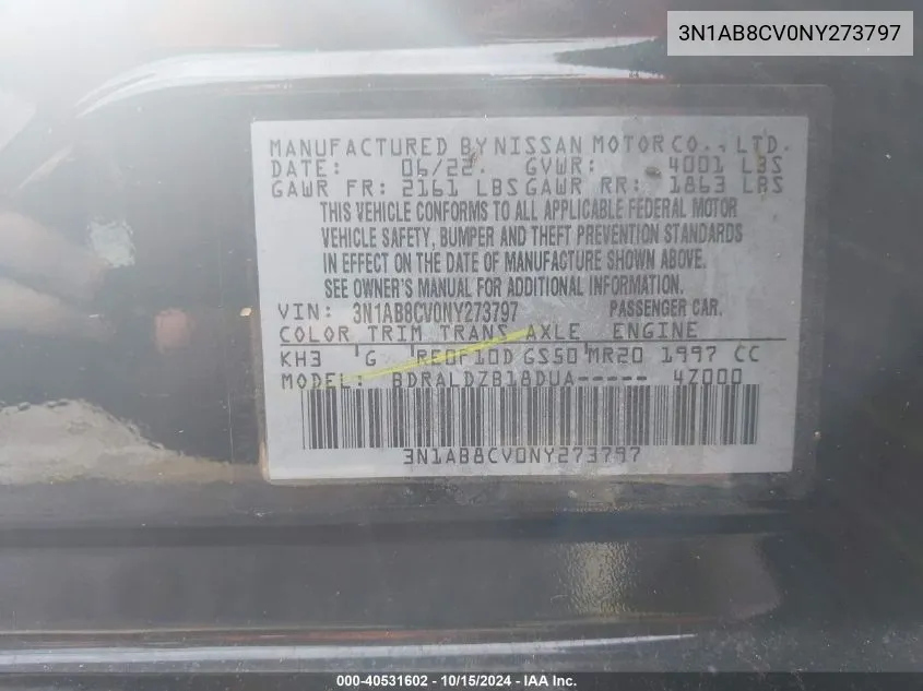 2022 Nissan Sentra Sv Xtronic Cvt VIN: 3N1AB8CV0NY273797 Lot: 40531602