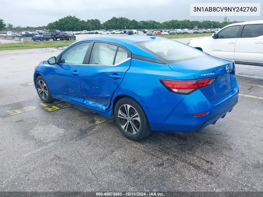 2022 Nissan Sentra Sv Xtronic Cvt VIN: 3N1AB8CV9NY242760 Lot: 40575683