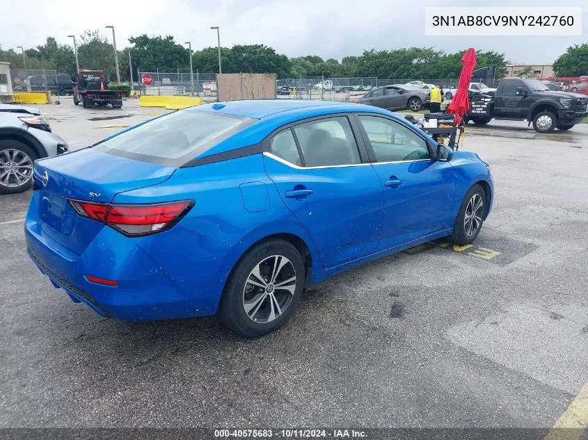 2022 Nissan Sentra Sv Xtronic Cvt VIN: 3N1AB8CV9NY242760 Lot: 40575683