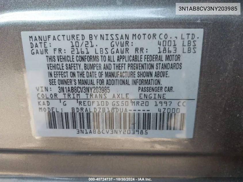 3N1AB8CV3NY203985 2022 Nissan Sentra Sv Xtronic Cvt