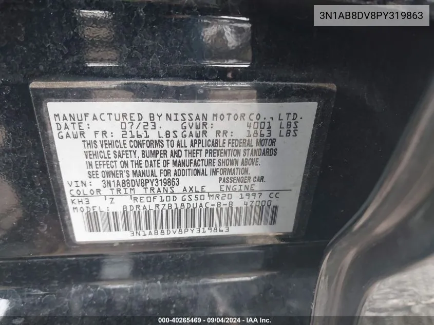 2023 Nissan Sentra Sr Xtronic Cvt VIN: 3N1AB8DV8PY319863 Lot: 40265469