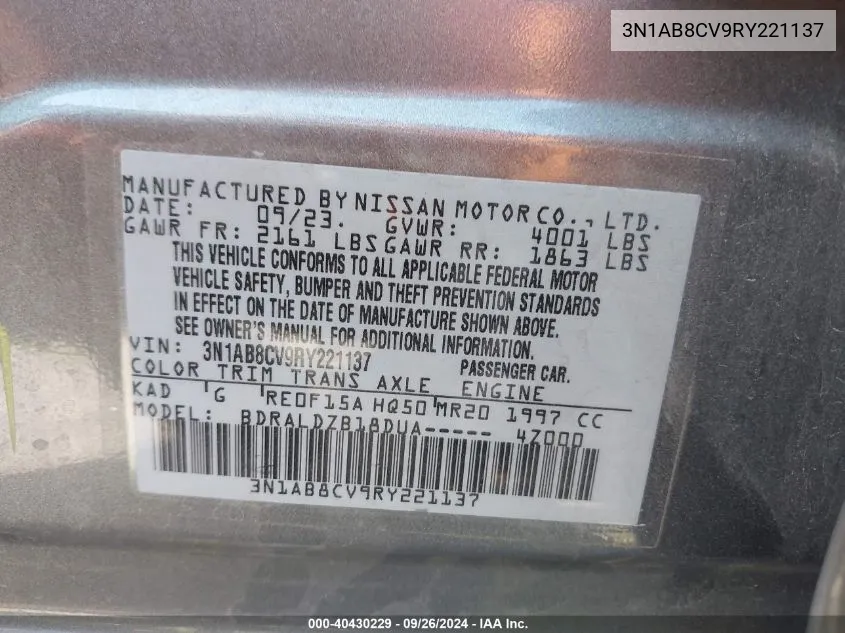 2024 Nissan Sentra Sv VIN: 3N1AB8CV9RY221137 Lot: 40430229