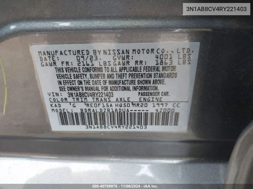 2024 Nissan Sentra Sv Xtronic Cvt VIN: 3N1AB8CV4RY221403 Lot: 40789978