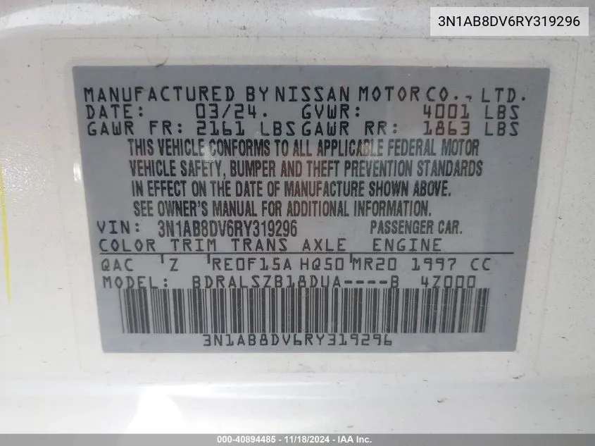 2024 Nissan Sentra Sr Xtronic Cvt VIN: 3N1AB8DV6RY319296 Lot: 40894485