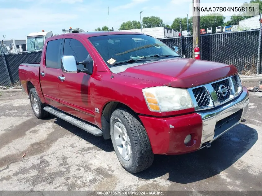 2004 Nissan Titan Xe/Se/Le VIN: 1N6AA07B04N568151 Lot: 40457376