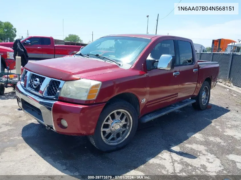 2004 Nissan Titan Xe/Se/Le VIN: 1N6AA07B04N568151 Lot: 40457376