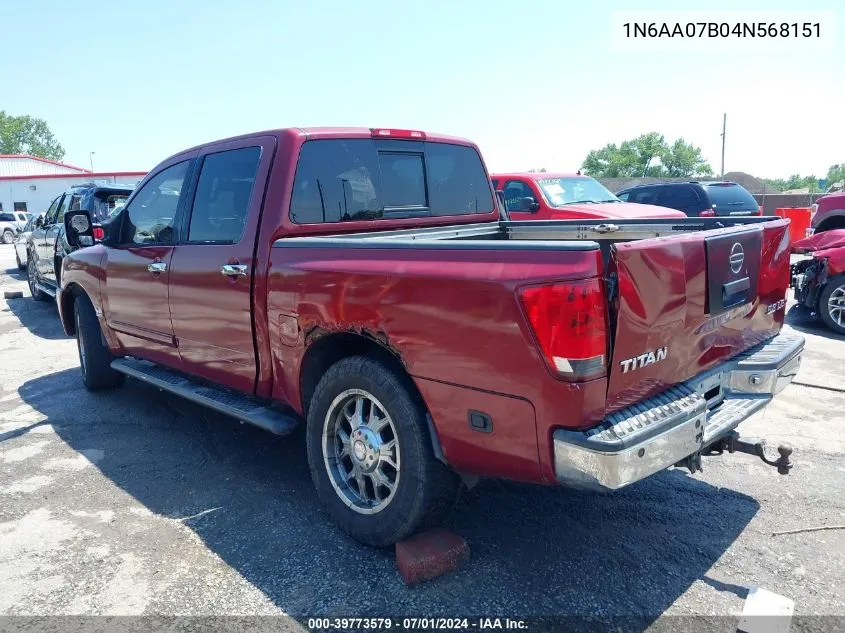 2004 Nissan Titan Xe/Se/Le VIN: 1N6AA07B04N568151 Lot: 40457376