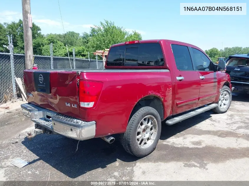 2004 Nissan Titan Xe/Se/Le VIN: 1N6AA07B04N568151 Lot: 40457376