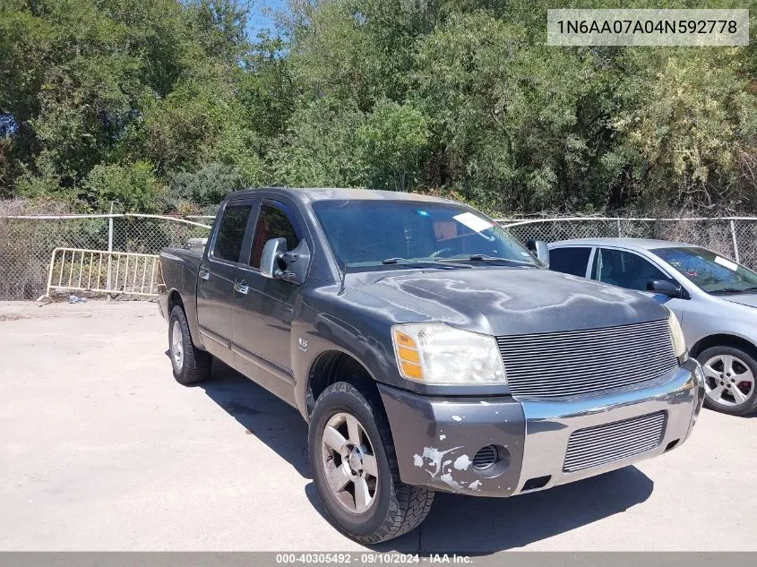 2004 Nissan Titan Se VIN: 1N6AA07A04N592778 Lot: 40305492