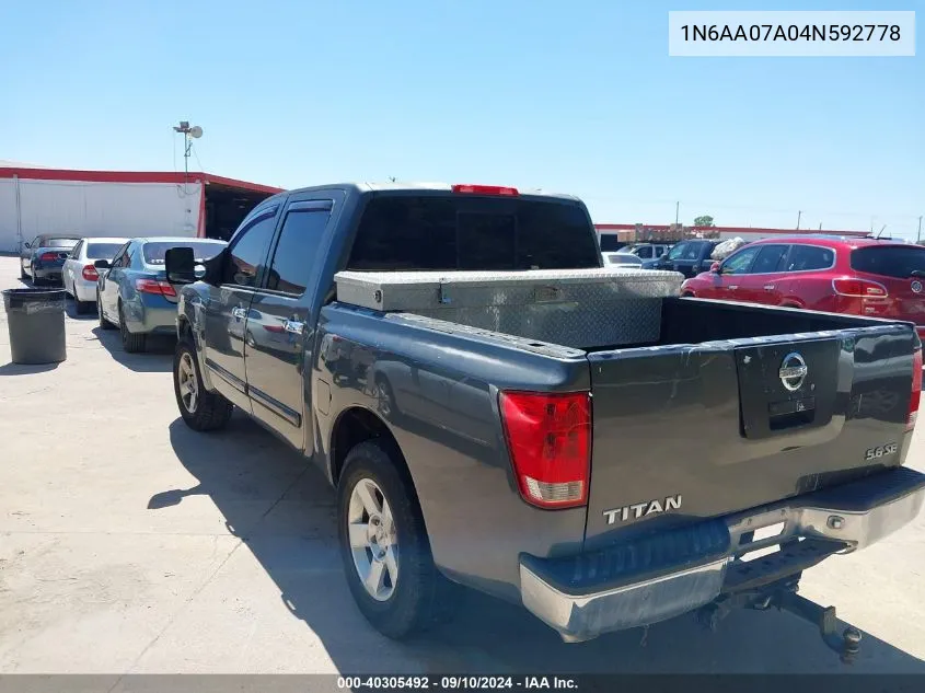 2004 Nissan Titan Se VIN: 1N6AA07A04N592778 Lot: 40305492