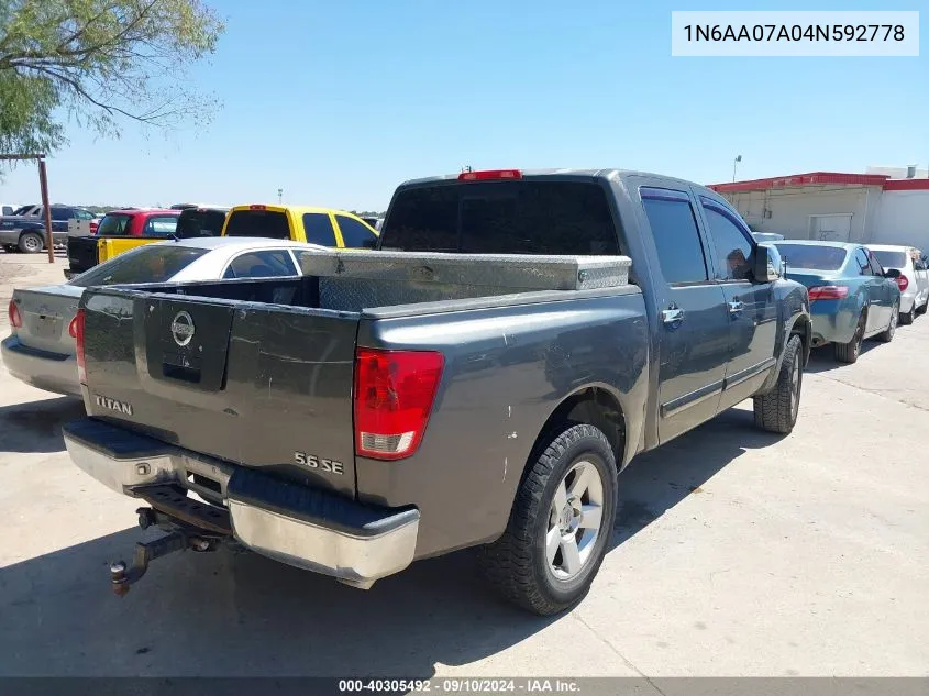 2004 Nissan Titan Se VIN: 1N6AA07A04N592778 Lot: 40305492