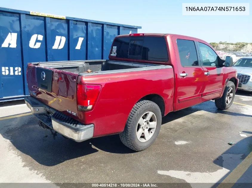 2004 Nissan Titan Se VIN: 1N6AA07A74N571653 Lot: 40514218