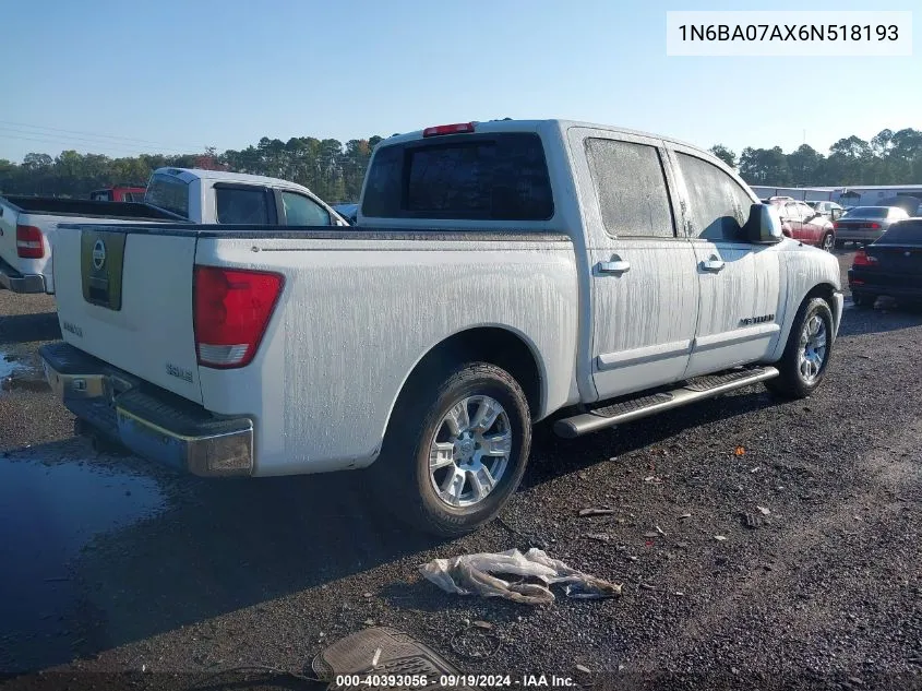 2006 Nissan Titan Le VIN: 1N6BA07AX6N518193 Lot: 40393056