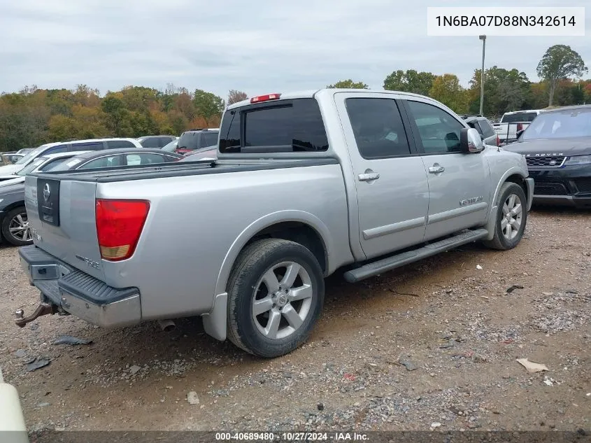 2008 Nissan Titan Xe/Se/Le VIN: 1N6BA07D88N342614 Lot: 40689480